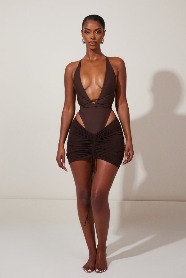 Mesh Ruched Coverup Skirt - Brown