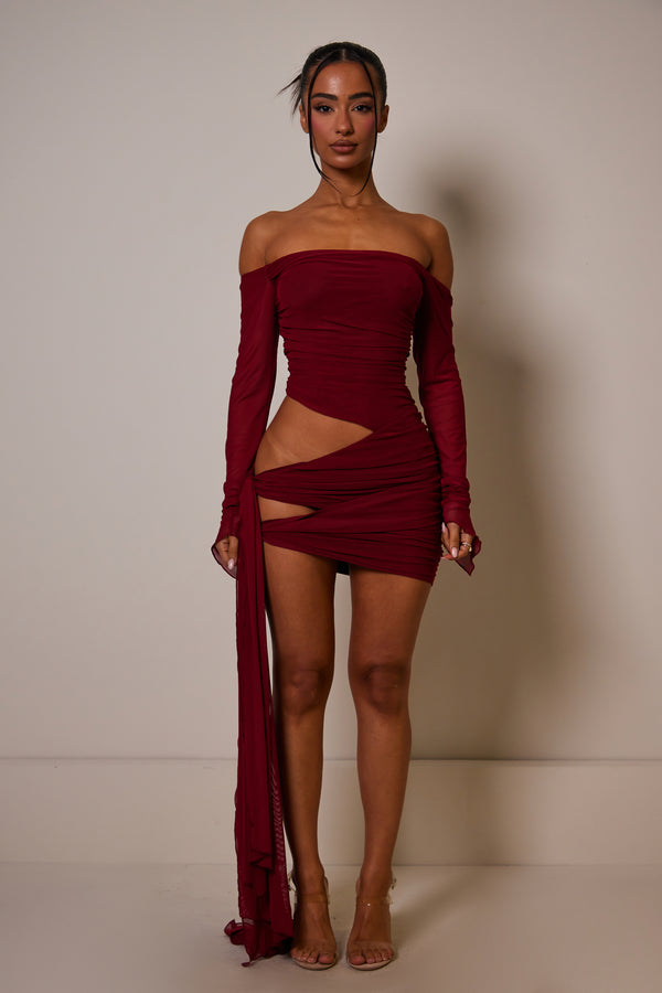 The off shoulder cut out mesh mini- Red