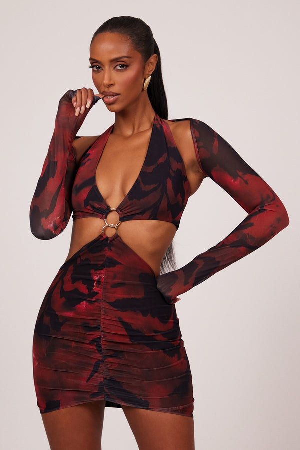 The ring detail plunge shrug mini- Red print