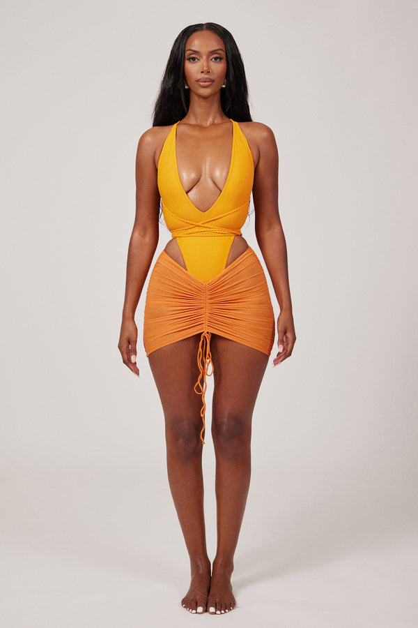 Mesh Ruched Coverup Skirt - Orange