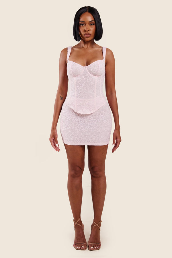 The Cinched Lace Corset Mini Set in Baby Pink