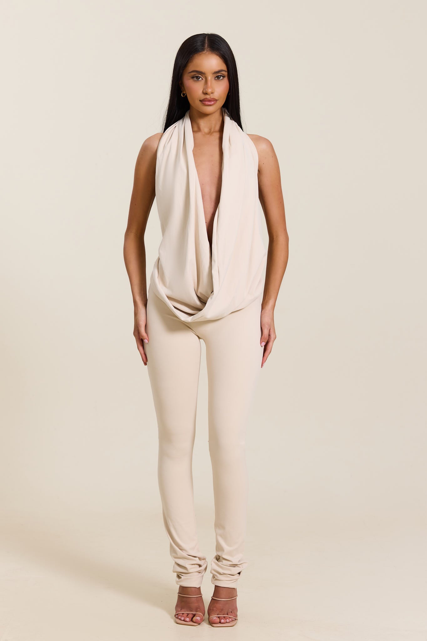 Stone Coloured Plunge Neckline Top | Leia Soft Draped Top