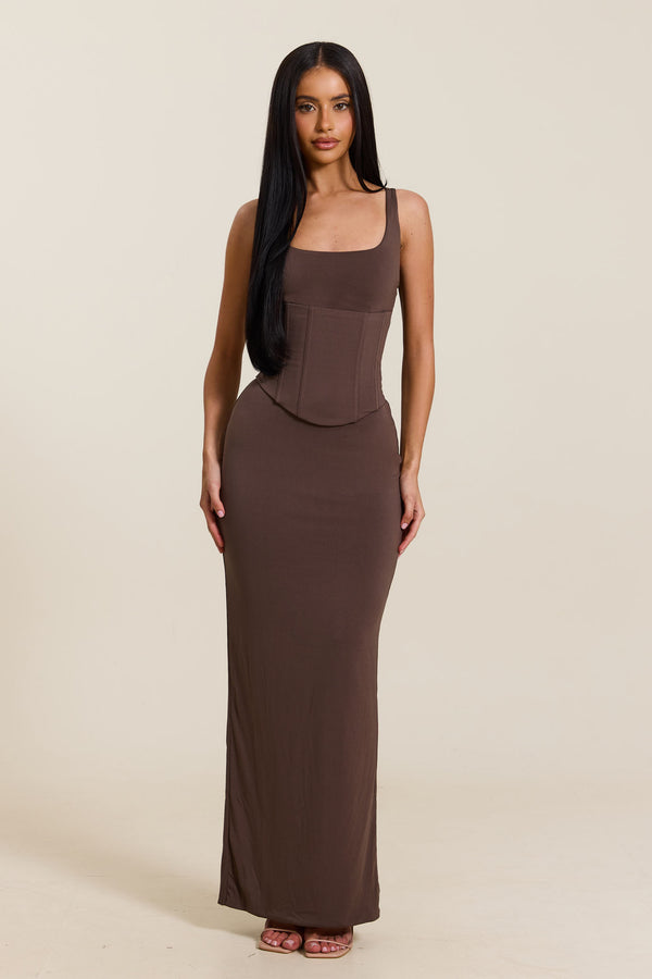 princess polly baby blue dress Austin Convertible Maxi Dress in brown| Mocha brown Oversized Maxi Dress |  Guest wedding dress main image 0