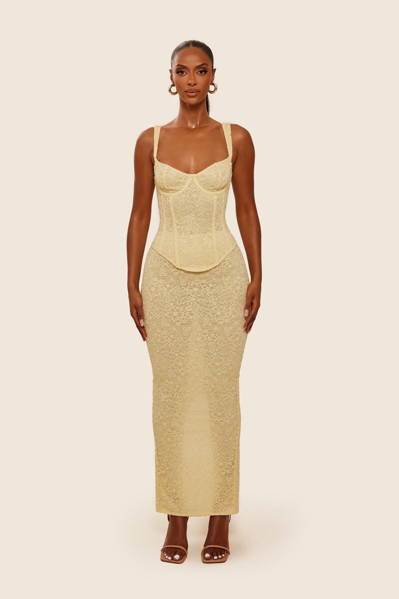 Clara Butter Yellow Corset Mesh Maxi Skirt Set