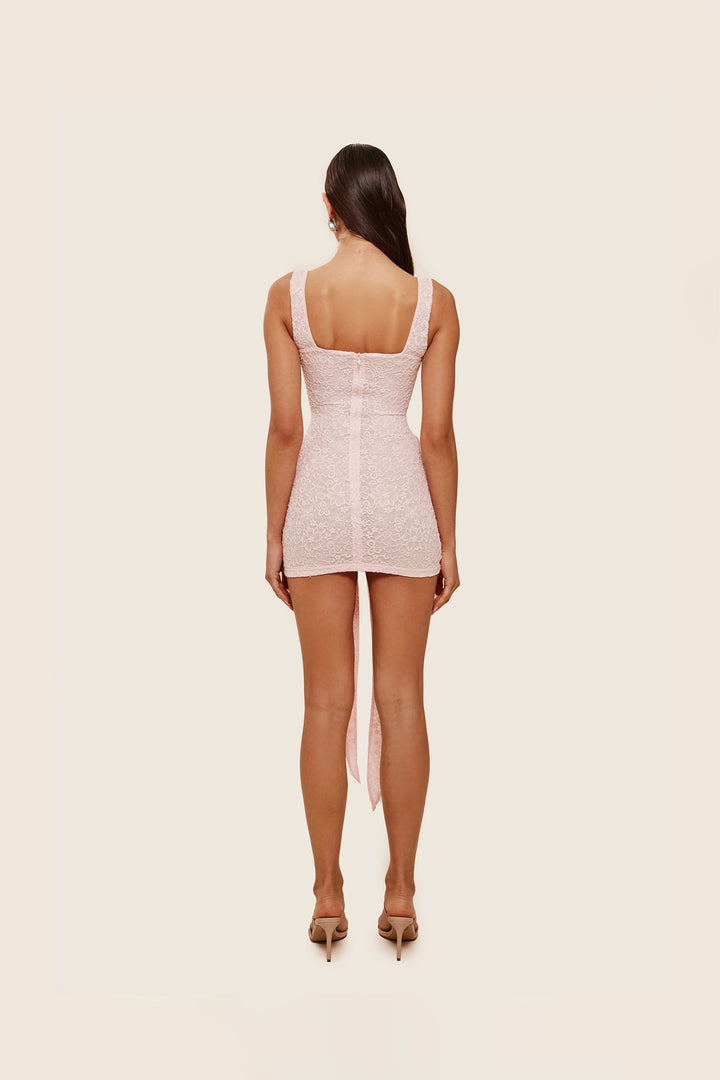 Pink Cinched Lace Mini Dress with Tie | Pay in 3 with Klarna marsthelabel Pink Cinched Lace Mini Dress with Tie | Pay in 3 with Klarna marsthelabel