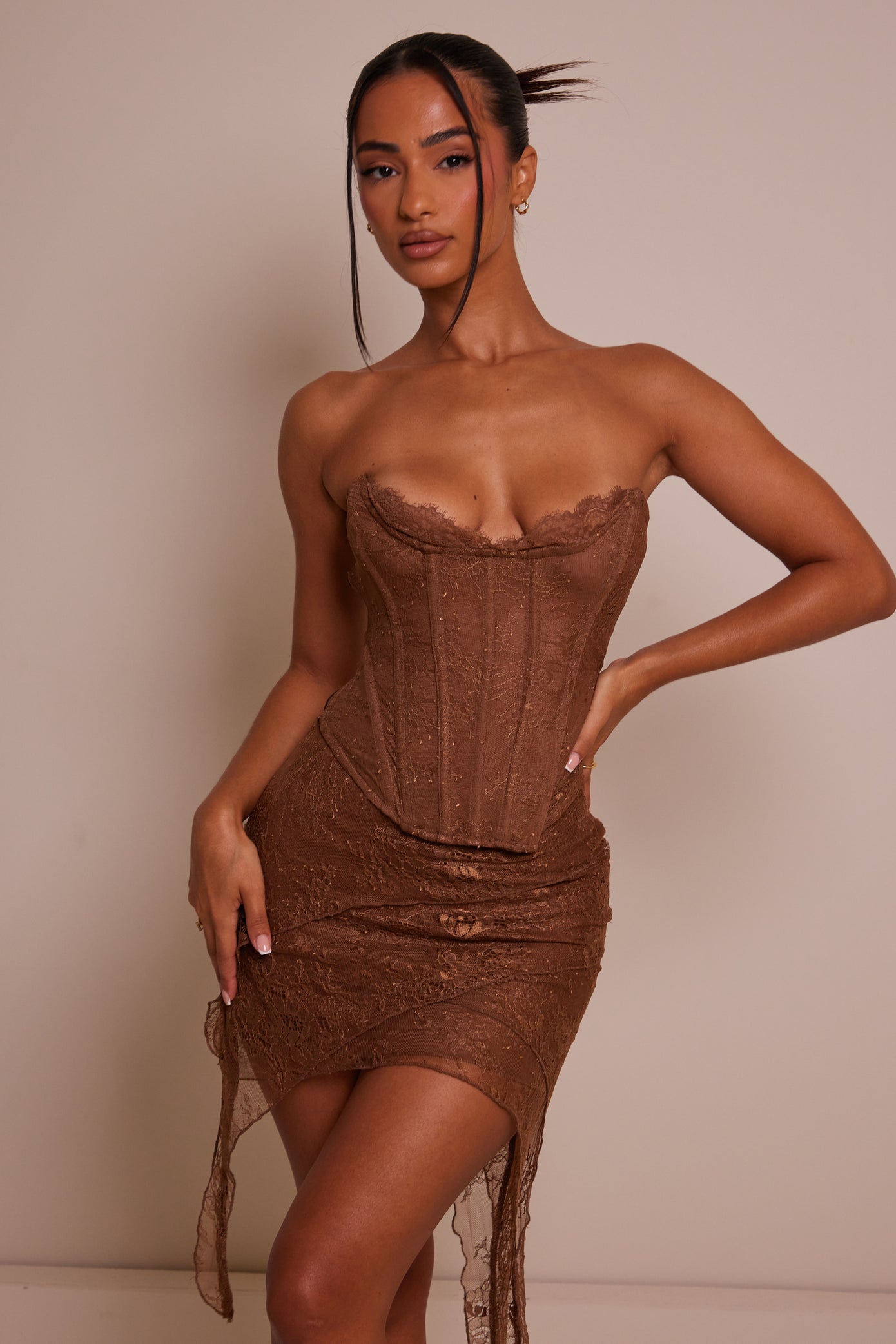 The asymmetric lace corset set - Brown – marsthelabel