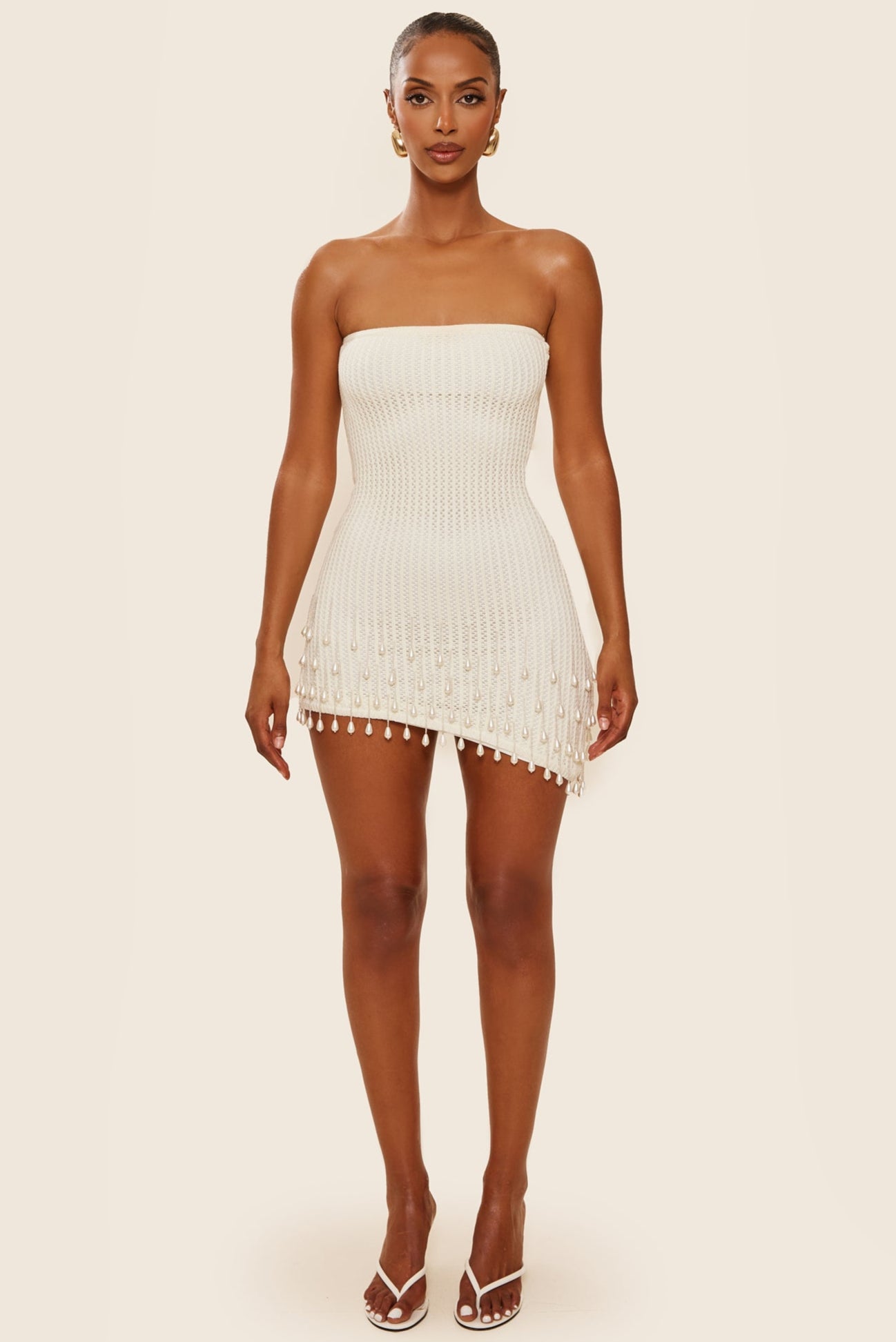 White Knit Mini Dress with Pearl Embellishment | The Gwen Mini