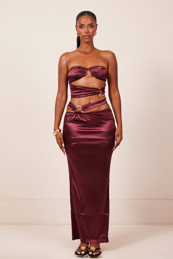 The Plated Satin bandeau maxi set- Wine