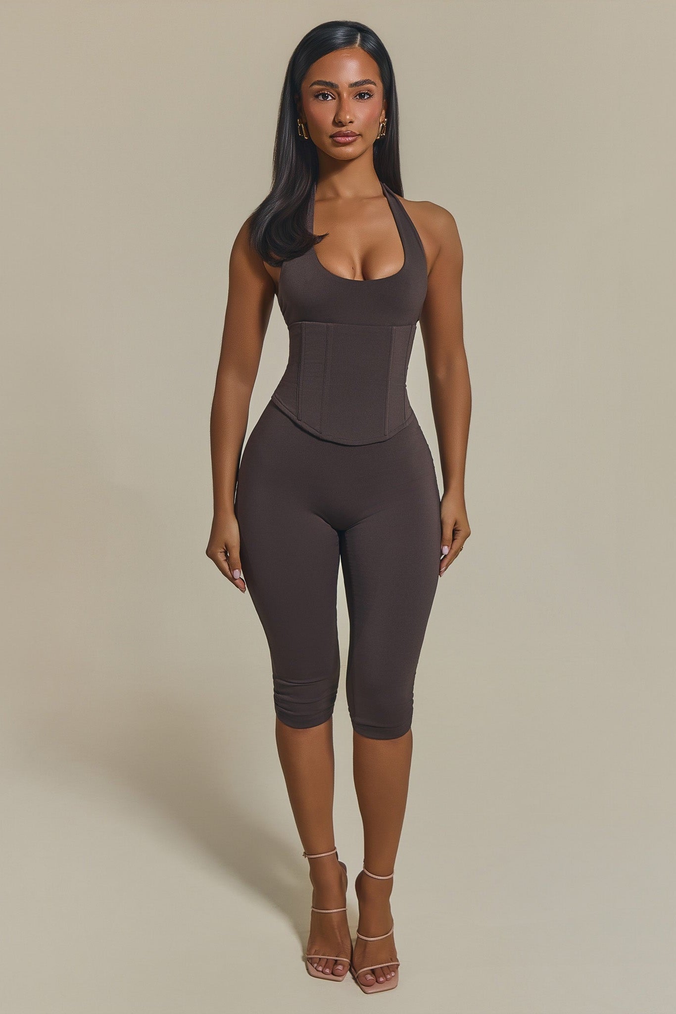 The Sandra Capri Corset Jumpsuit in Brown Mars The Label | Express