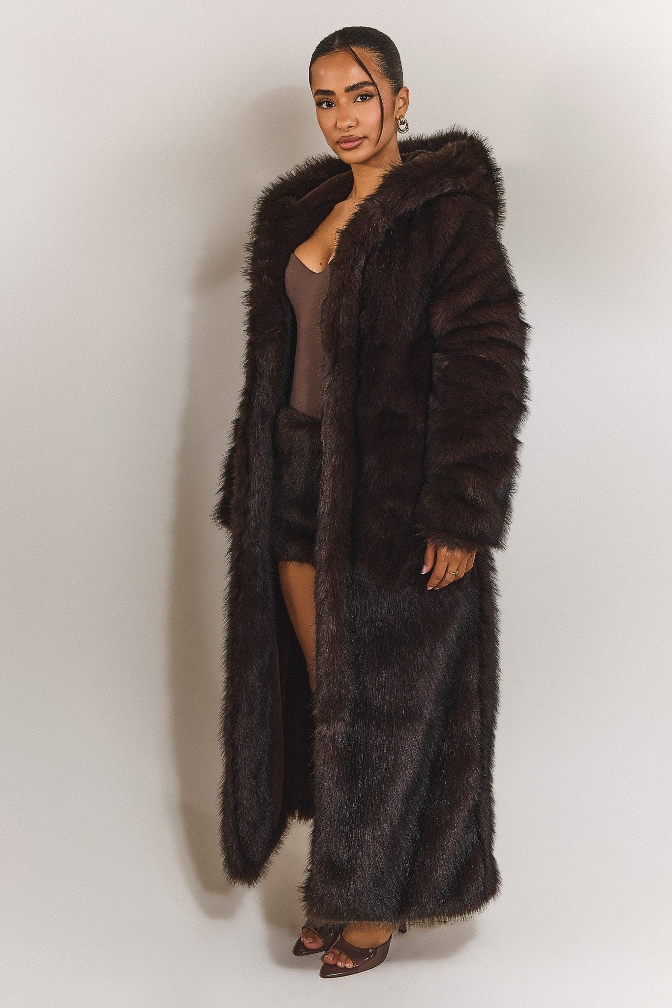 Fur Hooded Maxi Coat in Brown _ Pay in 3 with Klarna – marsthelabel