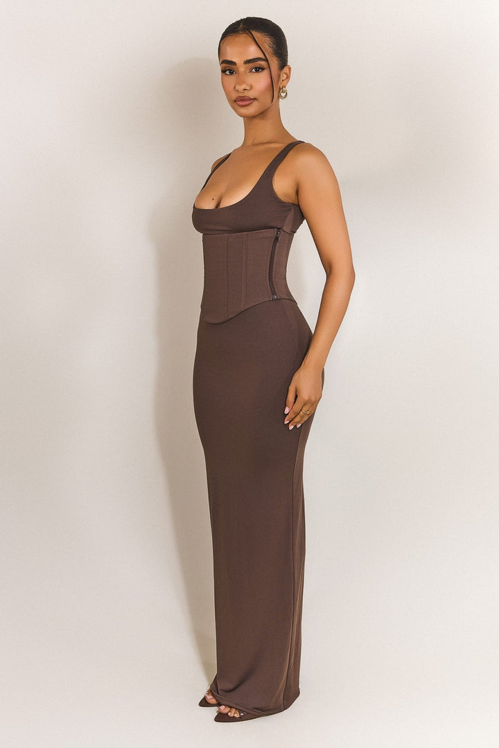Sandra Scoop Midaxi Dress in Brown Sleek Sculpted Fit marsthelabel Sandra Scoop Midaxi Dress in Brown Sleek Sculpted Fit marsthelabel