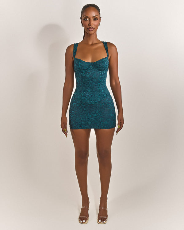 The Cinched Lace Mini Skirt in Teal