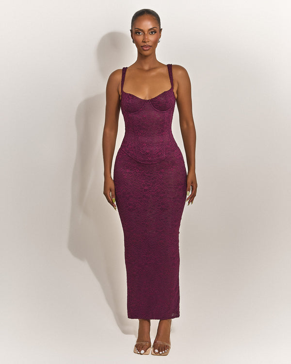 The Cinched Lace Maxi Skirt in Plum