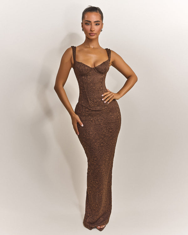 The Cinched Lace Maxi Skirt in Brown