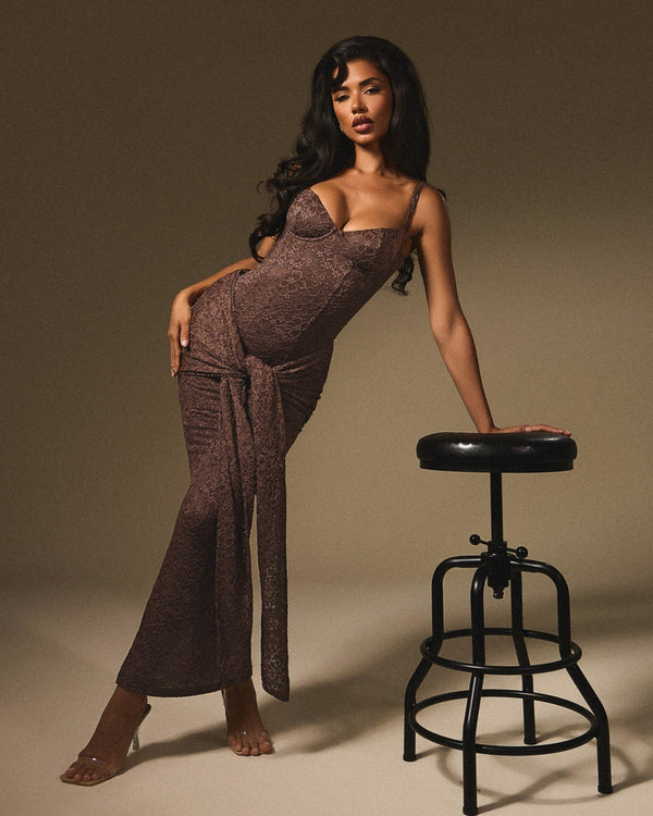The Tie Front Maxi Dress in Brown