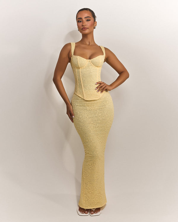 The Cinched Lace Corset Maxi Set in Yellow