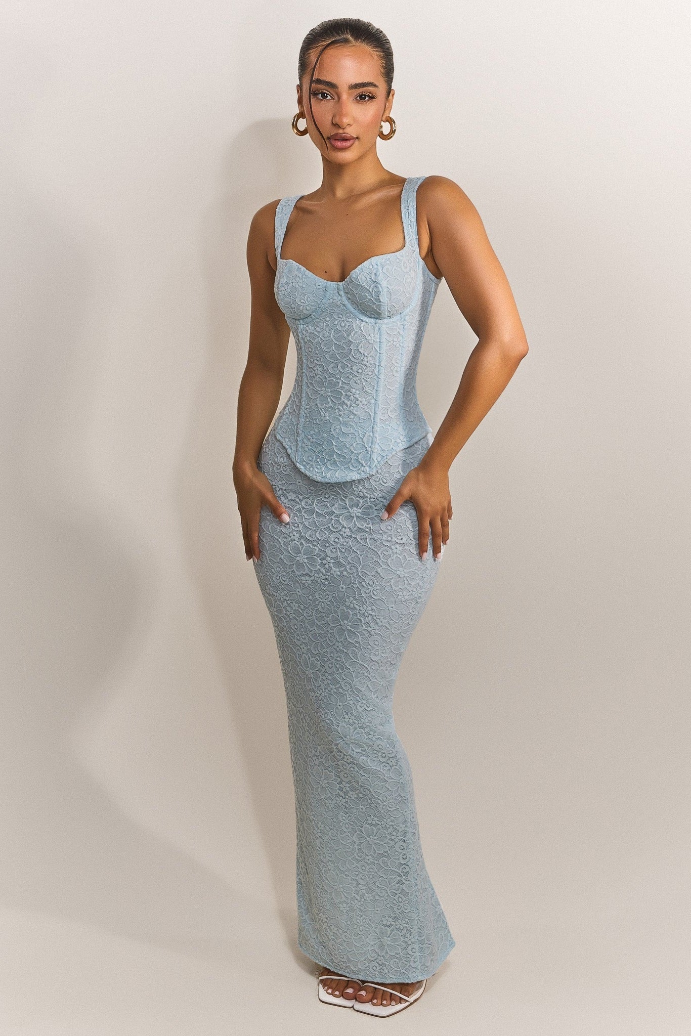 Baby Blue Waistband Maxi Skirt Crinkle Lace main image 0