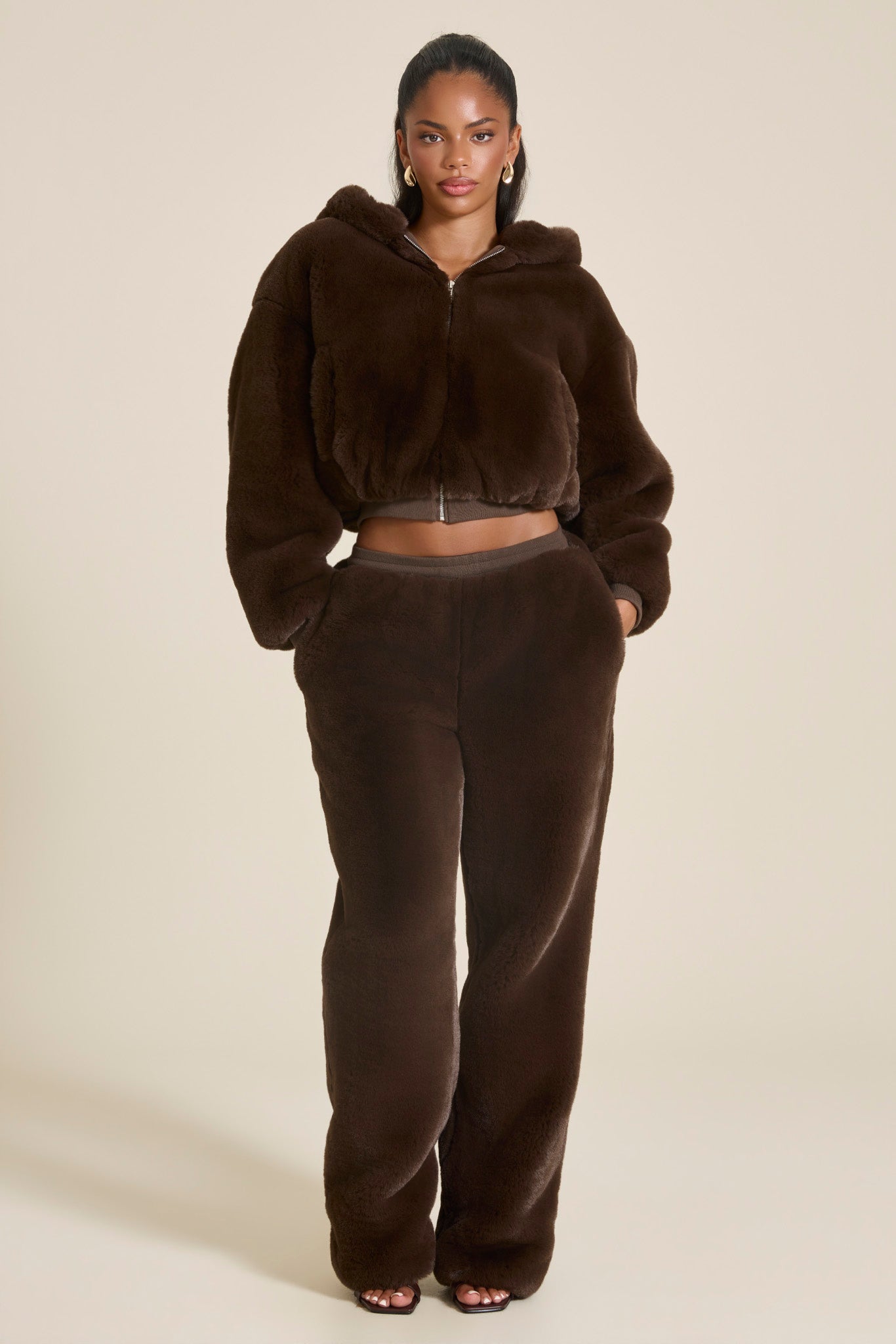The Rhea Faux Fur Joggers in Brown | Mars The Label | Express
