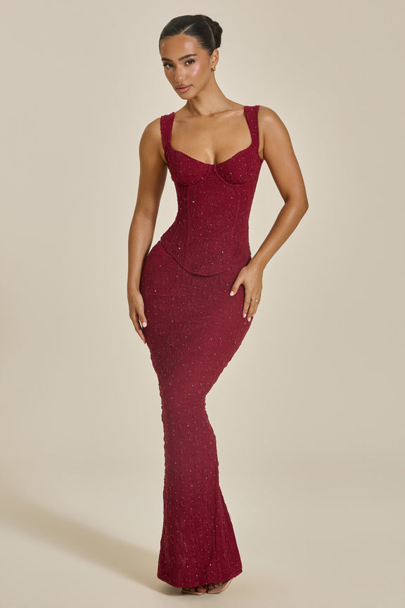 The Diamonte Cinched Lace Corset Maxi Set in Wine | Mars The Label ...