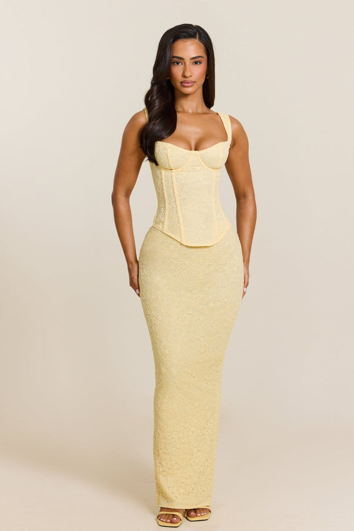 chinese dress ladies Cinched Lace Corset Set in Yellow with Yellow Maxi Skirt – marsthelabel
