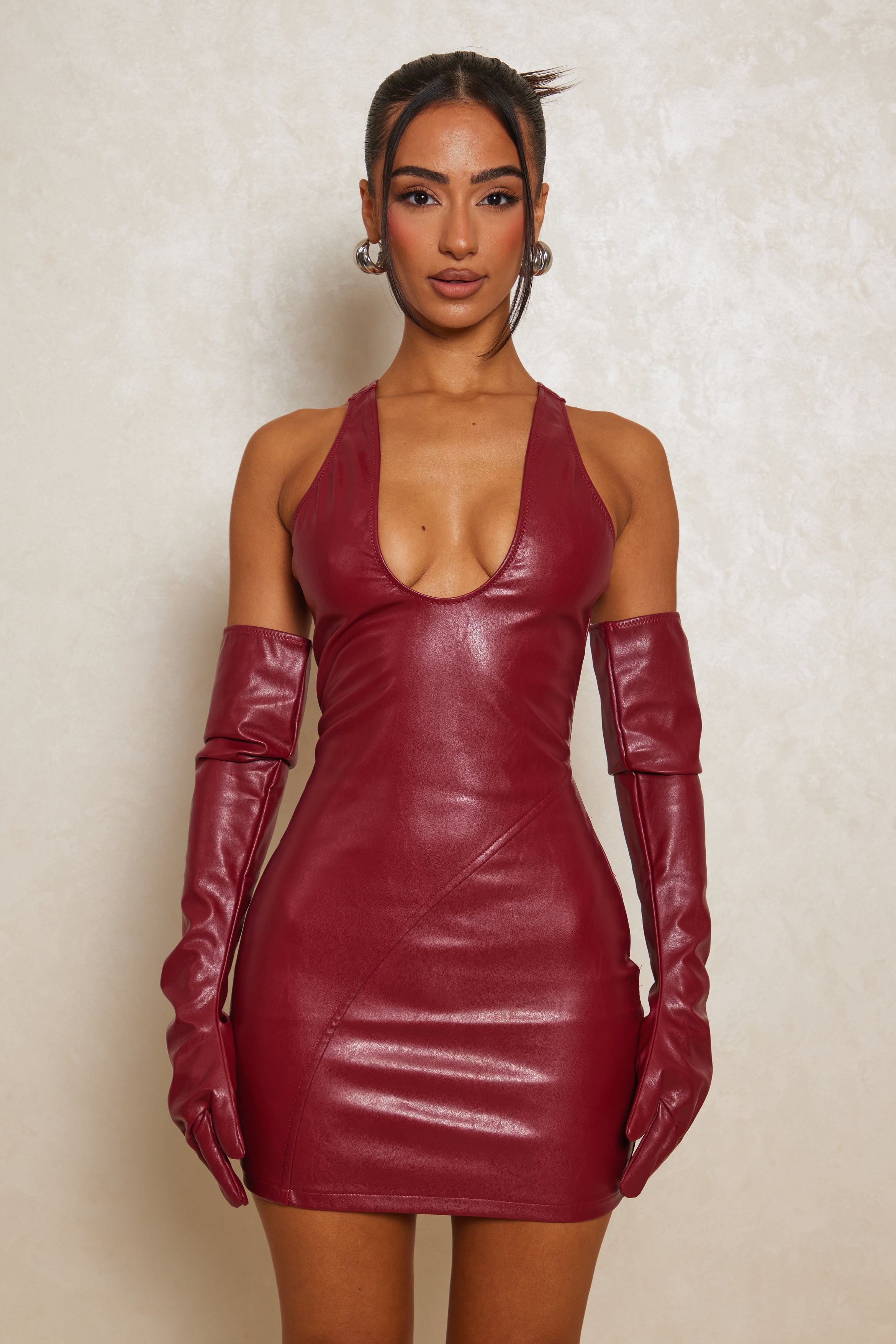 Red leather bodycon on sale dress