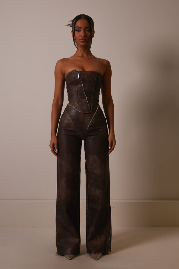 The Asymmetric zip distress leather trousers- Brown