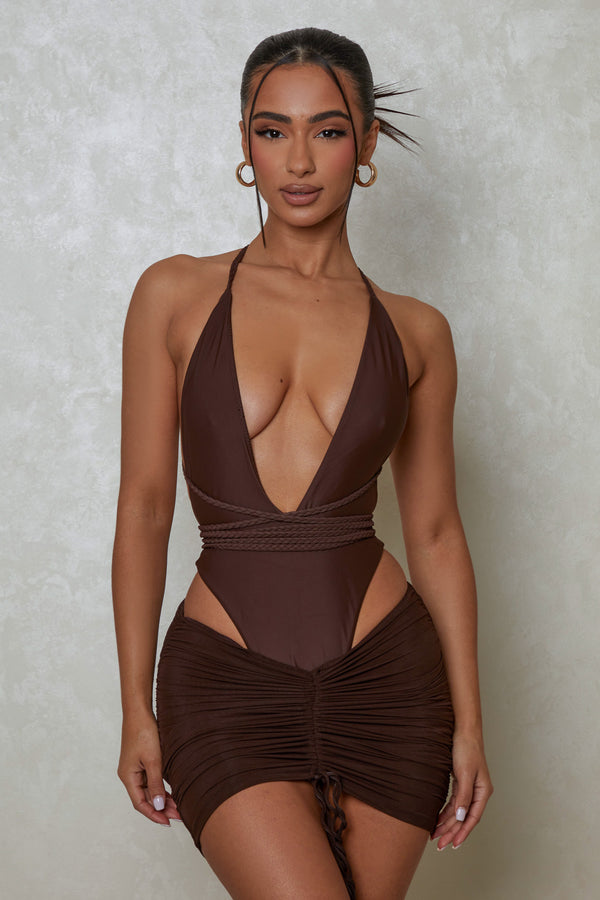 Mesh Ruched Coverup Skirt - Brown